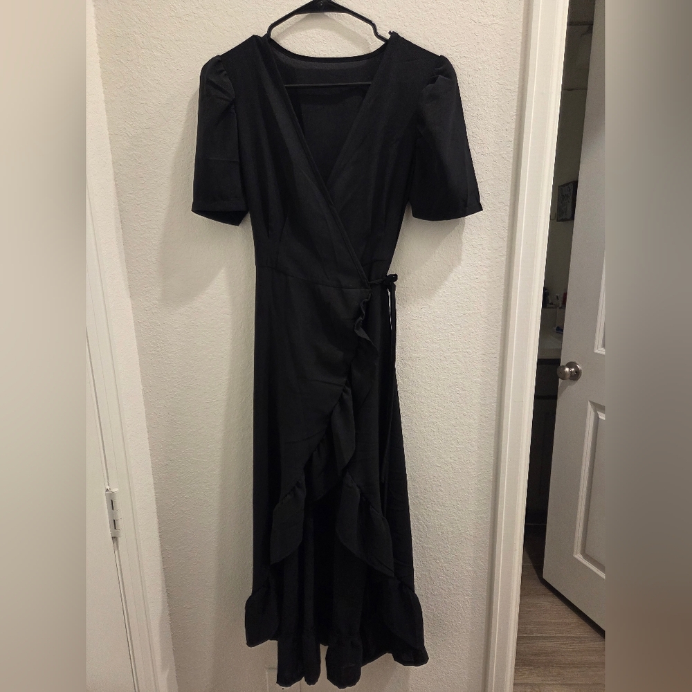 Black Wrap Midi Dress with Ruffle Trim